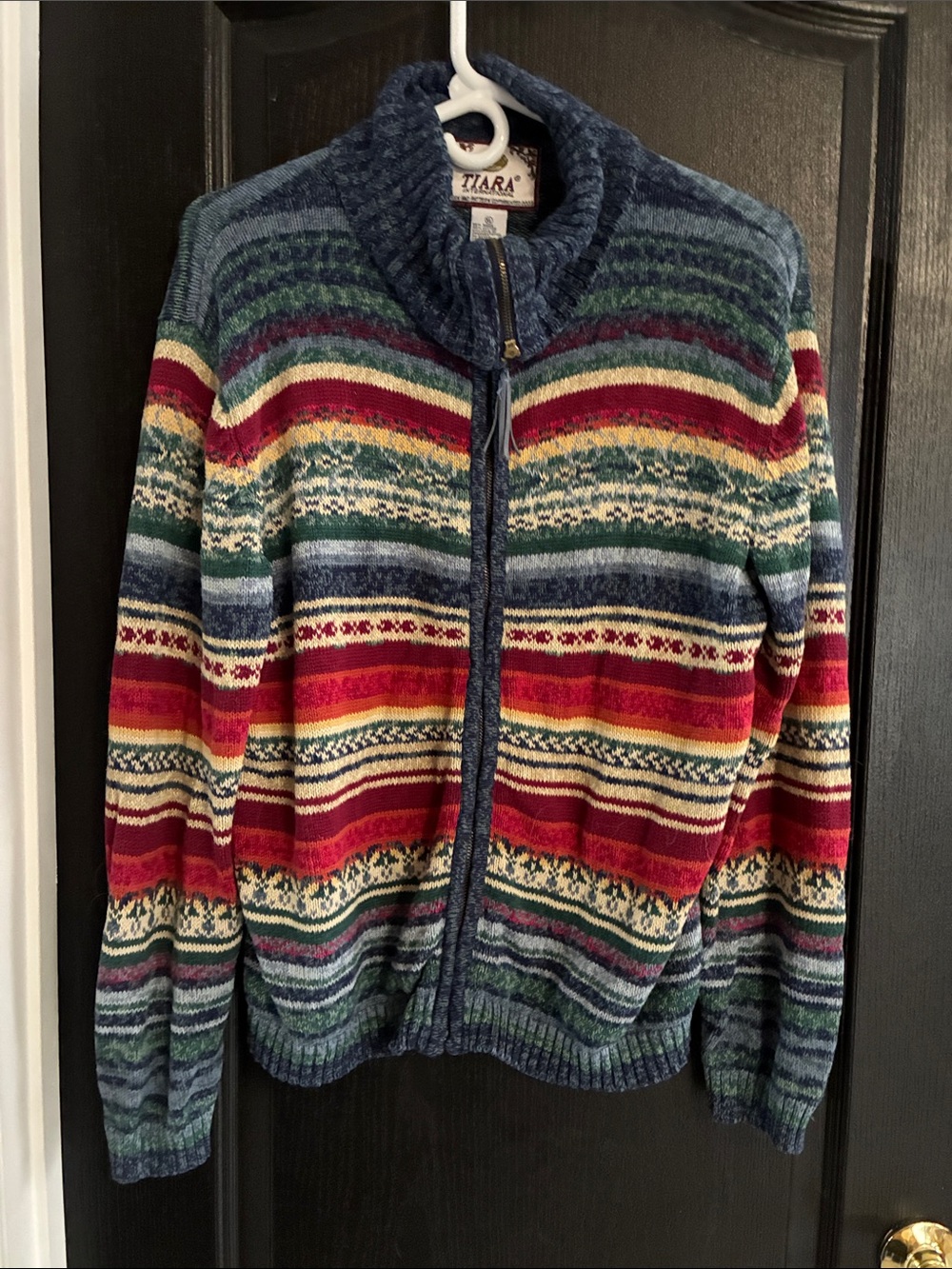 Tiara Multicolor Striped Zip Cardigan with Blue Trim